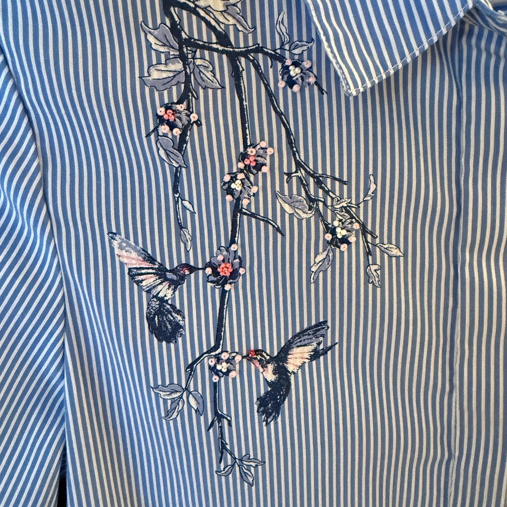 Blue Embroidered Button Down Shirt with Dress Collar